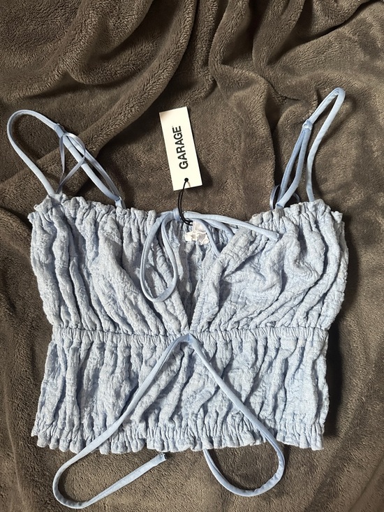 Garage Tops - Garage Pale Blue Smocked Crop Cami with Tie Detail